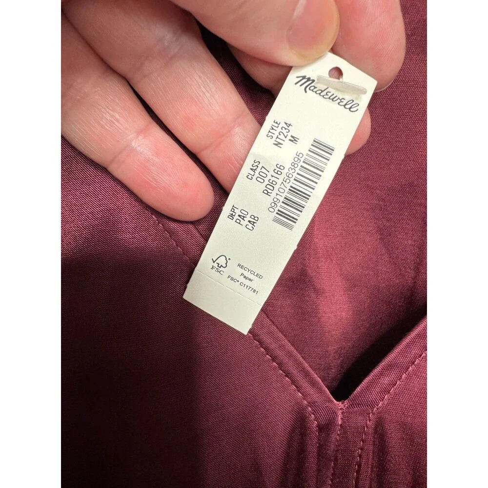 Madewell Medium Shirred Puff Sleeve Top Satin Cabernet V-Neck Empire Waist NWT